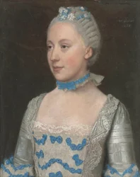 Portrait de Madame Saint-Pol, demi-longueur, dans une robe bleu clair ornée de nœuds de soie bleus et blancs et de dentelle
